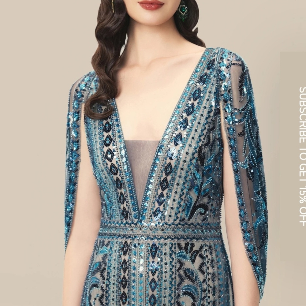 1920's Elegant Blue Beaded Gown TEAL /Glittering Sheer-Sleeve Sequined 12